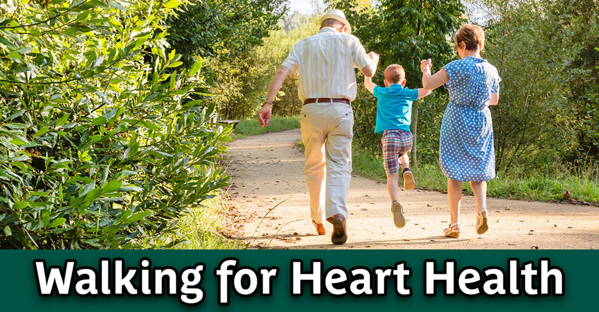 Walking for Heart Health. Grandparents taking a walk with their grand child.
